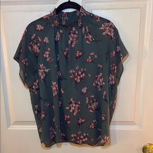Madewell Mock Neck Olive Shirt With light red floral print flowy Shirt